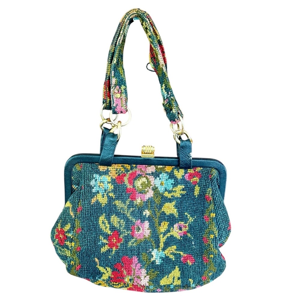 Vintage Floral Needlepoint Tapestry Handbag Teal Blue Kiss Lock Clasp Retro